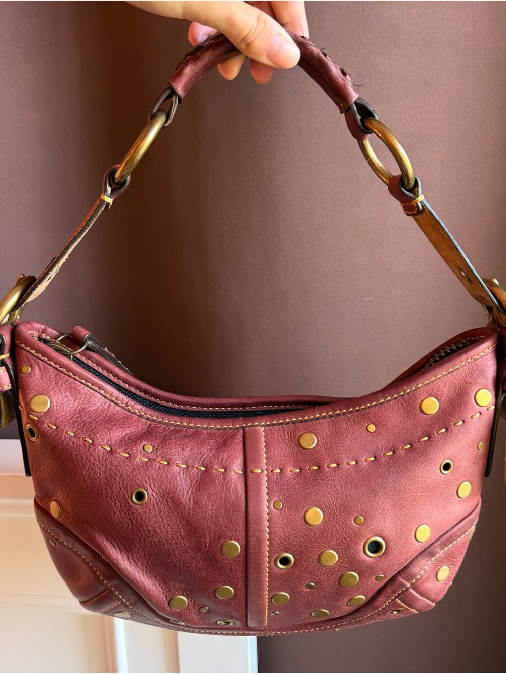 Vintage Coach red studded hobo bag with gold hardware